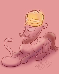 Size: 1000x1250 | Tagged: safe, artist:pikapetey, derpibooru import, oc, oc only, snake, anorexic, beard, floppy ears, moustache, prone, smiling, solo, turban, whistling