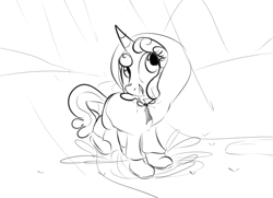 Size: 810x585 | Tagged: safe, artist:dotkwa, sweetie belle, clothes, hoodie, monochrome, rain, sketch