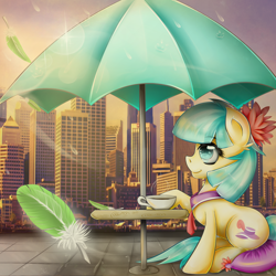Size: 2000x2000 | Tagged: safe, artist:thetarkaana, derpibooru import, coco pommel, earth pony, pony, cafe, city, cityscape, cup, feather, female, flower, flower in hair, looking away, looking up, manehattan, mare, outdoors, profile, rain, sitting, smiling, solo, table, umbrella