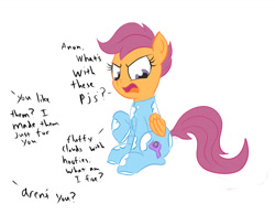 Size: 1685x1313 | Tagged: safe, artist:frikdikulous, scootaloo, annoyed, clothes, colored, dialogue, footed sleeper, frown, glare, open mouth, pajamas, raised hoof, scootaloo is not amused, simple background, sitting, sketch, solo