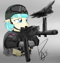 Size: 1900x2000 | Tagged: safe, artist:pak-faace1234, derpibooru import, coco pommel, ak, ak-12, ak-47, assault rifle, gun, pak-fa, plane, rifle, russia, solo, weapon