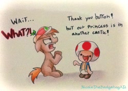 Size: 832x596 | Tagged: safe, artist:nicolethebluepony, button mash, crossover, dialogue, in another castle, nintendo, parody, super mario bros., toad (mario bros), traditional art