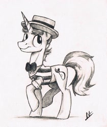 Size: 1919x2284 | Tagged: safe, artist:navigatoralligator, flim, cute, flimabetes, grayscale, happy, monochrome, raised hoof, smiling, solo