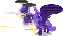 Size: 3387x1941 | Tagged: safe, artist:vector-brony, derpibooru import, oc, oc only, oc:lacunae, alicorn, earth pony, pony, fallout equestria, fallout equestria: project horizons, alicorn oc, armor, artificial alicorn, fallout, fanfic, fanfic art, female, glowing horn, gun, hooves, horn, levitation, magic, mare, minigun, open mouth, power armor, purple alicorn (fo:e), rocket launcher, shooting, simple background, spread wings, steel ranger, steel rangers, telekinesis, transparent background, weapon, wings