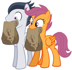 Size: 1740x1692 | Tagged: safe, artist:dreamcasterpegasus, derpibooru import, rumble, scootaloo, bag, cute, excited, female, grease, male, mouth hold, older, paper bag, rumbloo, shipping, smiling, straight