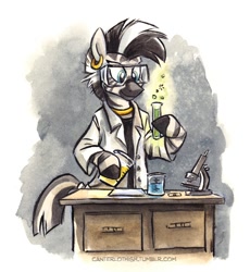 Size: 538x586 | Tagged: dead source, safe, artist:kenket, artist:spainfischer, derpibooru import, zecora, zebra, beaker, bipedal, canterlot high, canterlot high blog, chemistry, clothes, goggles, lab coat, microscope, solo, test tube