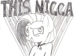 Size: 1190x858 | Tagged: safe, artist:wootmaster, derpibooru import, oc, oc only, oc:tracy cage, /mlp/, collar, grayscale, monochrome, nigga, slur, solo, traditional art