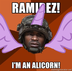 Size: 400x398 | Tagged: safe, artist:salted pingas, derpibooru import, alicorn, pony, call of duty, exploitable meme, image macro, meme, modern warfare 2, ramirez, ramirez do everything, solo, thanks m.a. larson, wat