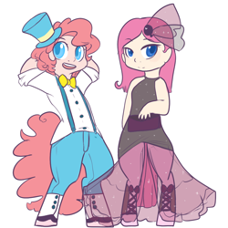 Size: 900x900 | Tagged: safe, artist:mt, derpibooru import, oc, oc only, oc:mumble, oc:pogo, original species, satyr, clothes, dress, hat, offspring, pants, parent:pinkie pie, ribbon, wallet