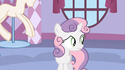 Size: 1365x768 | Tagged: safe, screencap, sweetie belle, pony, unicorn, stare master, female, filly, solo, white coat