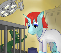 Size: 1235x1073 | Tagged: artist needed, source needed, safe, derpibooru import, chimera, fallout equestria, cage, clothes, coat, cup, doctor, lamp, standing