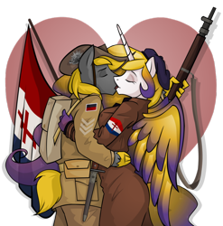 Size: 888x900 | Tagged: safe, artist:wolfjedisamuel, derpibooru import, oc, oc only, oc:princess eclipse, oc:steadfast, alicorn, anthro, alicorn oc, anzac, australia, bayonet, colored wings, eclast, female, flag, french, french underground, gradient wings, gun, heart, kissing, male, military, multicolored wings, oc x oc, rifle, straight, weapon, wings, world war ii