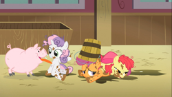 Size: 1366x768 | Tagged: safe, screencap, apple bloom, scootaloo, sweetie belle, pig, the show stoppers, cutie mark crusaders