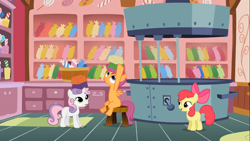 Size: 1366x768 | Tagged: safe, screencap, apple bloom, scootaloo, sweetie belle, the show stoppers, cutie mark crusaders, no osha compliance, taffy, taffy puller, this will not end well