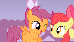 Size: 1365x768 | Tagged: safe, screencap, apple bloom, scootaloo, earth pony, pony, stare master, female, filly