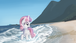 Size: 3840x2160 | Tagged: safe, artist:tivy, derpibooru import, sweetie belle, beach, cute, diasweetes, ocean, solo