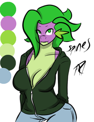 Size: 612x792 | Tagged: safe, artist:inuyuru, derpibooru import, barb, spike, anthro, ask spines, breasts, cleavage, female, reference sheet, rule 63, solo, spikahunas