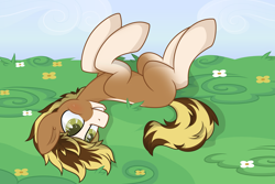 Size: 3191x2128 | Tagged: safe, artist:daydreamsyndrom, derpibooru import, oc, oc only, blank flank, flower, grass, grin, legs in air, meadow, on back, rolling, smiling, solo