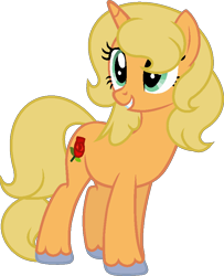 Size: 695x857 | Tagged: safe, artist:archerinblue, derpibooru import, oc, oc only, oc:ambrosia, pony, unicorn, female, grin, mare, offspring, parent:applejack, parent:prince blueblood, parents:bluejack, simple background, smiling, solo, transparent background, unshorn fetlocks, vector