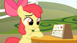 Size: 1366x768 | Tagged: safe, screencap, apple bloom, earth pony, pony, the show stoppers, apple bloom's bow, female, red mane, solo, yellow coat