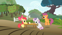 Size: 1366x768 | Tagged: safe, screencap, apple bloom, scootaloo, sweetie belle, the show stoppers, cutie mark crusaders