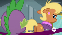 Size: 1024x576 | Tagged: safe, derpibooru import, screencap, ms. harshwhinny, spike, dragon, pony, equestria games (episode), all new, equestria games, female, hub logo, japanese, mare, out of context, plot