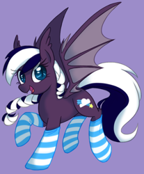 Size: 600x725 | Tagged: safe, artist:radioactive-k, derpibooru import, oc, oc only, oc:duskmist, bat pony, pony, clothes, socks, solo, striped socks