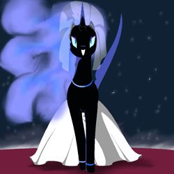 Size: 1000x1000 | Tagged: safe, artist:jun, derpibooru import, nightmare moon, bride, clothes, dress, grin, looking at you, nicemare moon, pixiv, smiling, solo, wedding dress