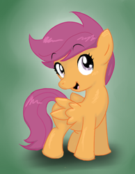 Size: 302x390 | Tagged: artist needed, safe, scootaloo, pegasus, pony, female, filly, gradient background, solo