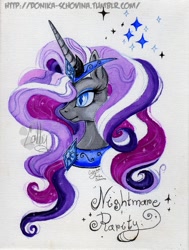 Size: 605x800 | Tagged: safe, artist:donika-schovina, derpibooru import, nightmare rarity, bust, portrait, solo, traditional art