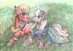 Size: 1024x726 | Tagged: safe, artist:taski-guru, derpibooru import, big macintosh, cheerilee, earth pony, pony, cheerimac, clothes, daily deviation, dress, eye contact, flower, flower in hair, fluffy, grin, lidded eyes, male, raised hoof, shipping, smiling, stallion, straight