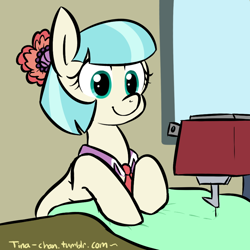 Size: 900x900 | Tagged: safe, artist:tina-chan, derpibooru import, coco pommel, twilight's kingdom, 30 minute art challenge, cute, scene interpretation, sewing, sewing machine, smiling, solo, window