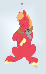 Size: 886x1424 | Tagged: safe, artist:carnivorouscaribou, derpibooru import, big macintosh, smarty pants, earth pony, pony, heart, hug, male, solo, stallion