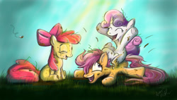 Size: 2699x1530 | Tagged: safe, artist:amymethvenart, derpibooru import, apple bloom, scootaloo, sweetie belle, cute, cutie mark crusaders, dirty, mud