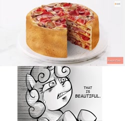 Size: 867x844 | Tagged: safe, sweetie belle, exploitable meme, food, meat, meme, pepperoni, pepperoni pizza, pizza, pizza cake, that is beautiful