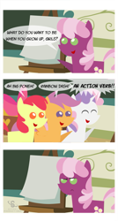 Size: 815x1520 | Tagged: safe, artist:scyphi, derpibooru import, apple bloom, cheerilee, scootaloo, sweetie belle, pony, comic, cutie mark crusaders, dictionary belle, frown, pointy ponies, silly, silly pony