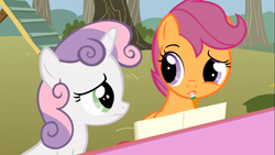 Size: 1366x768 | Tagged: safe, screencap, scootaloo, sweetie belle, pegasus, pony, unicorn, the show stoppers, duo, duo female, female