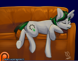 Size: 1280x999 | Tagged: safe, artist:northernsprint, oc, oc only, oc:logic loop, patreon, patreon logo, sleeping, sofa, solo