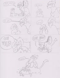 Size: 1172x1500 | Tagged: safe, artist:santanon, derpibooru import, fluffy pony, griffon, monochrome, rapeface, tickling