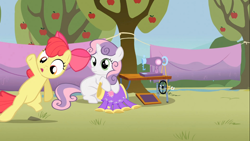 Size: 1366x768 | Tagged: safe, screencap, apple bloom, sweetie belle, earth pony, pony, the show stoppers, female, filly