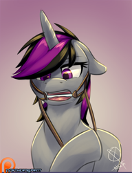 Size: 1280x1667 | Tagged: safe, artist:northernsprint, oc, oc only, pony, unicorn, bit, bridle, floppy ears, glare, hoof hold, open mouth, patreon, patreon logo, pulling, reins, solo, tongue out, unamused