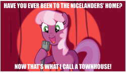 Size: 1364x799 | Tagged: safe, derpibooru import, cheerilee, earth pony, pony, cheerilee pun, curtain, exploitable meme, female, green eyes, mare, meme, microphone, open mouth, pun, smiling, solo, spotlight, text, two toned mane, two toned tail, wreck-it ralph