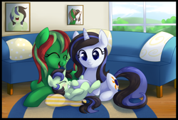 Size: 1024x691 | Tagged: safe, artist:xnightmelody, derpibooru import, oc, oc only, earth pony, pony, unicorn, cute, family, female, filly, lesbian, magical lesbian spawn, offspring, sofa