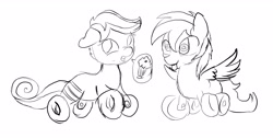 Size: 4963x2494 | Tagged: safe, artist:owlvortex, derpibooru import, oc, oc only, oc:pylon, oc:wheely bopper, original species, donut eyes, milkshake, monochrome, sketch, wheelpone