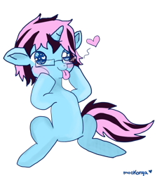 Size: 845x945 | Tagged: safe, artist:moekonya, derpibooru import, oc, oc only, oc:wind art, pony, unicorn, :p, cute, glasses, heart, heart eyes, puffy cheeks, simple background, sitting, smiling, solo, tongue out, transparent background, vector, wingding eyes