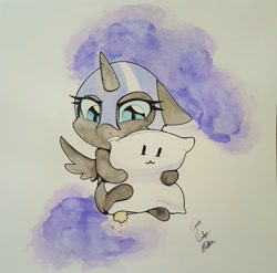 Size: 2141x2117 | Tagged: safe, artist:captainpudgemuffin, nightmare moon, alicorn, pony, :3, biting, commission, cute, female, filly, floppy ears, frown, glare, moonabetes, nightmare woon, pillow, pillow hug, sitting, solo, traditional art