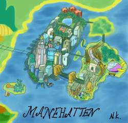 Size: 3300x3200 | Tagged: safe, artist:nekokevin, derpibooru import, airship, building, city, ferris wheel, island, manehattan, manehatten, map, misspelling, no pony, statue of liberty