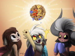 Size: 3383x2527 | Tagged: safe, artist:katputze, derpibooru import, discord, lord tirek, scorpan, age regression, cookie, cute, diascorpes, discute, food, tirebetes, younger