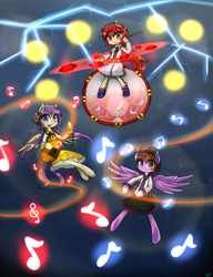 Size: 1000x1300 | Tagged: safe, artist:luciferamon, benben tsukumo, biwa, double dealing character, drums, horikawa raiko, koto, ponified, touhou, tsukumogami, yatsuhashi tsukumo