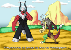 Size: 1200x851 | Tagged: safe, artist:brainsucks, derpibooru import, discord, lord tirek, crossover, dialogue, dragon ball z, frown, glare, meme, muscles, nappa, open mouth, over 9000, parody, scouter, vegeta